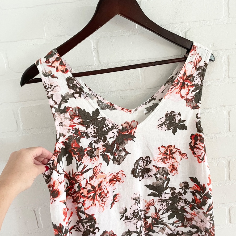 Romantic Linen Floral Midi Dress Ruffle Hem Effortless Chic Cream Olive Coral M - Picture 3 of 10
